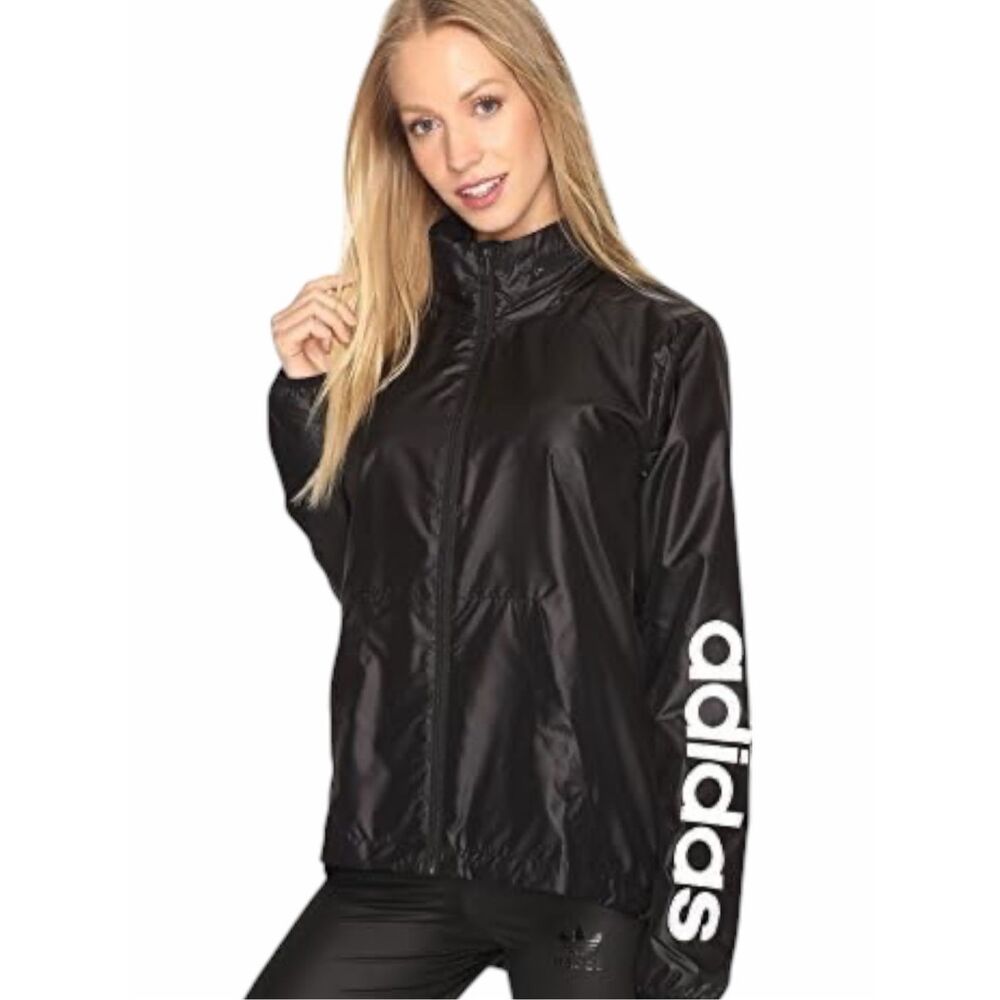 ADIDAS Women’s Linear Windbreaker Jacket Black Hooded Full Zip XS